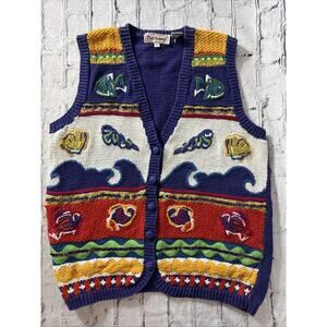 Vintage Bechamel Hand Knit Sweater Vest Fish Ocean Water Shells Women's Medium‎
